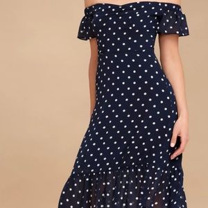 Lulu's NAVY BLUE POLKA DOT OFF-THE-SHOULDER dress